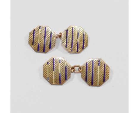 A pair of octagonal engine turned and enamelled yellow metal cuff links stamped '9CT', 5.3g CONDITION REPORT: Please note - D