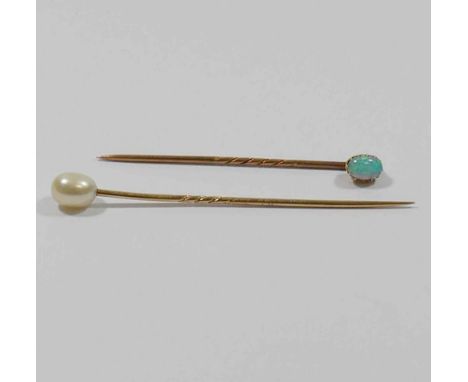 A yellow metal opal set stick pin, 5.4cm long, and a cultured pearl topped stick pin, 6.7cm long CONDITION REPORT: Please not