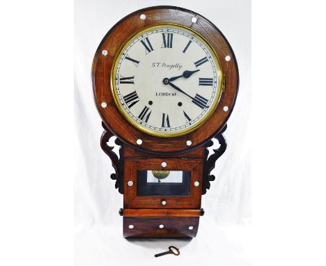 A 19th century rosewood and mother of pearl drop dial wall clock, striking on a gong, by S T Pengelly, London, 70cm long COND