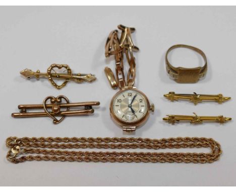 A quantity of 9 carat gold comprised of a rope twist chain, 46cm long, and signet ring, combined weight 9.6g, a 9 carat gold 