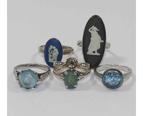 Three blue paste set rings, each marked 'Silver' or 'Sterling' and two silver rings set with Wedgwood jasperware plaques, com