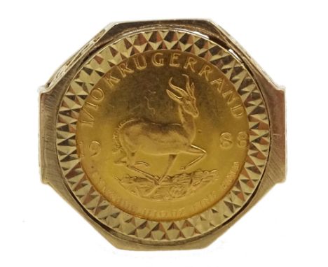 1988 gold 1/10 Krugerrand, loose mounted in 9ct gold ring hallmarked - Condition Report Approx 8.15gm, size S-T