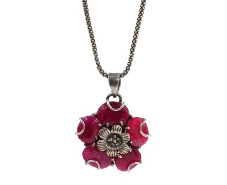 Silver faceted ruby flower pendant on silver chain, both stamped 925 - Condition Report 