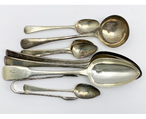 Pair of George III silver table spoons by John Jackson, London 1805, George III fiddle pattern silver table spoon by Solomon 