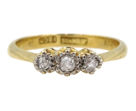 Gold three stone diamond ring, illusion set, stamped 18ct - Condition Report Approx 2.3gm, size K