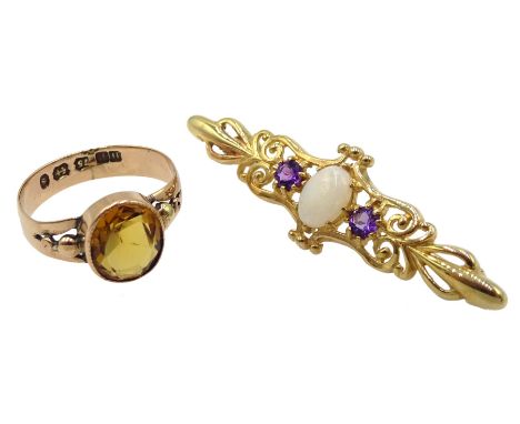 Early 20th century 9ct oval citrine ring, makers mark H A, Birmingham 1917 and a 9ct gold opal and amethyst bar brooch hallma