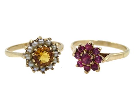 Gold citrine and seed pearl cluster ring and a gold ruby cluster ring, both hallmarked 9ct - Condition Report Approx 5.7gm, s