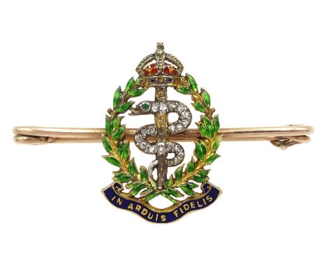 Royal Army Medical Corps gold brooch, enamelled motto 'In Arduis Fidelis', wreath and crown, the serpent set with diamonds an