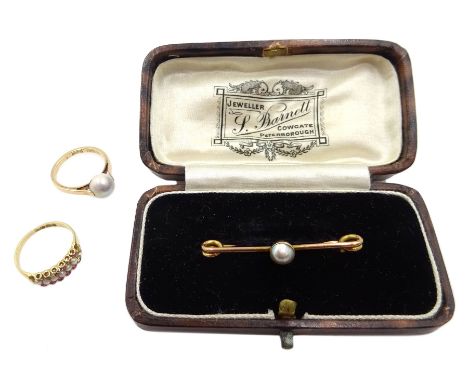 Early 20th century rose gold single pearl ring, gold pearl bar brooch, and three row ruby and pearl ring all 15ct stamped or 