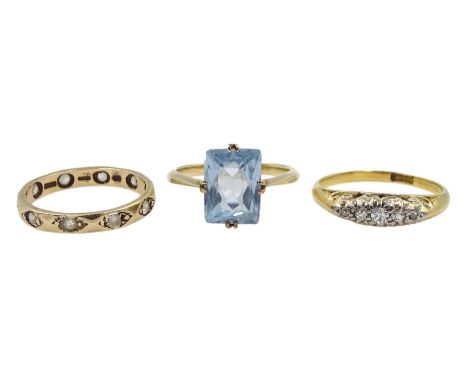 Gold five stone old cut diamond ring, stamped 18ct, gold eternity ring and a gold blue stone ring, both 9ct hallmarked or tes