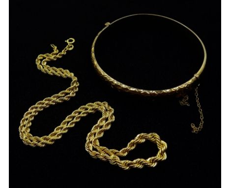 Gold bangle and rope twist necklace, both hallmarked 9ct, approx 13.8gm  - Condition Report Necklace length = 42cm 
