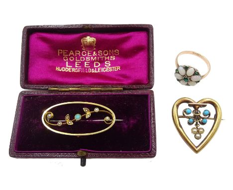 Edwardian 15ct gold opal and seed pearl bar brooch, retailed by Pearce &amp; Sons Leeds, boxed, gold turquoise and pearl hear