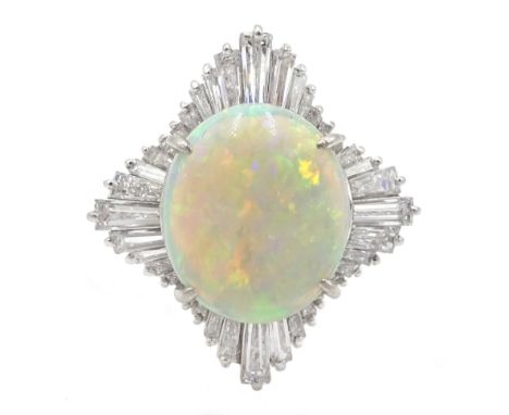 Platinum oval cabochon opal and baguette diamond ring, stamped 900, opal 4.48 carat, diamond total weight 2.17 carat  - Condi