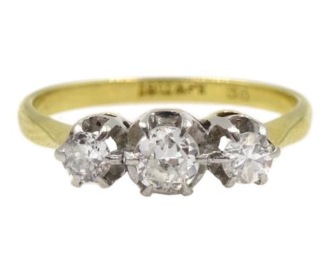 Gold three stone diamond ring, stamped 18ct &amp; Pt - Condition Report Approx 2.1gm, size K-L