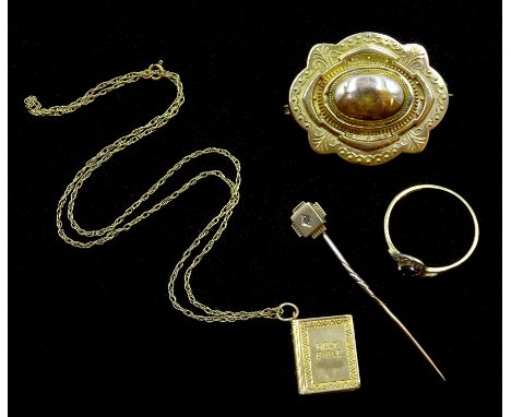 Victorian 15ct gold brooch, gold diamond stick pin, ring and Holy Bible pendant necklace, all 9ct hallmarked or tested - Cond