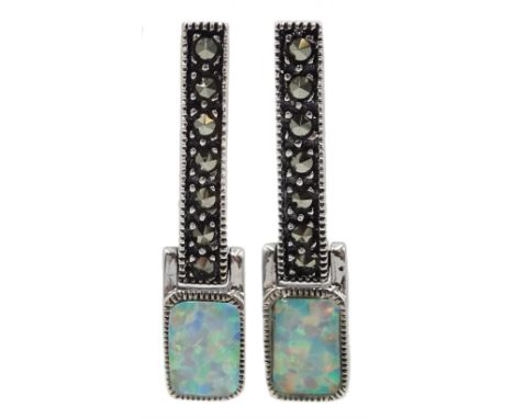 Pair of silver opal and marcasite pendant earrings, stamped 925 - Condition Report 