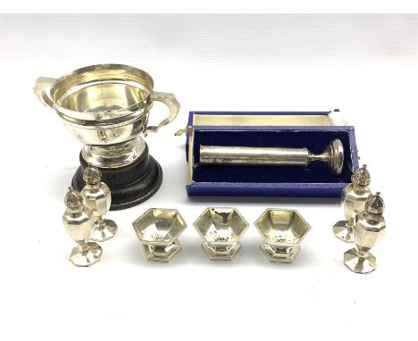 Small silver two handled trophy 'Yorkshire Automobile Club 1924', four Sterling silver pepperettes, three salts and a silver 