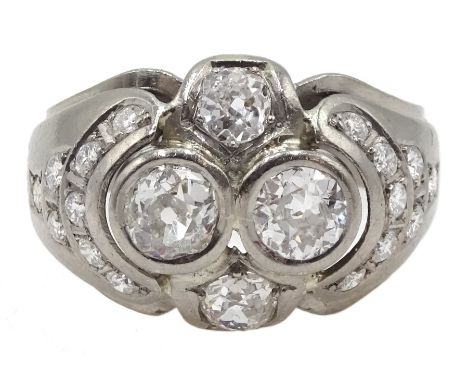 Continental 14ct white gold old cut and round brilliant cut diamond ring, stamped 585, total diamond weight 1.88 carat - Cond