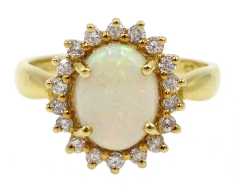 18ct gold opal and diamond cluster ring, hallmarked,  retailed by Jill Freeman, in original box - Condition Report Approx 3.9