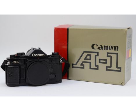 A Canon A-1 35mm film camera, body only, with original box and manual, working