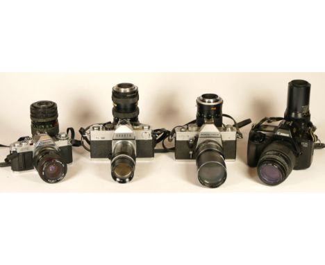 Four 35mm film cameras with lenses, to include a Canon AV-1 with a Tokina 28mm-70mm f3.5-f4.5 lens, a Exakta TL500 with a San