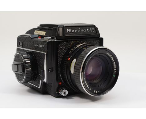 A Mamiya M645 1000s medium format camera, with a Mamiya 80mm f2.8 lens, with a manual winding crank and waist level view find