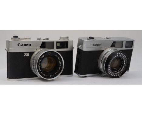 A Canon Canonet QL/7 35mm film camera, with a Canon 45mm f1.7 lens, together with a Canon Canonet 35mm film camera, with a Ca