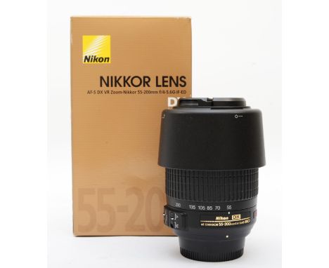 A Nikon AF-SDX 55mm-200mm f4-f5.6 ED VR lens, with lens hood, manual and original box, working 