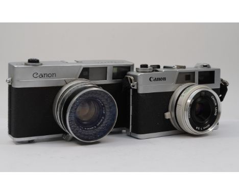 A Canon Canonet 35mm film camera, with a Canon 45mm f1.9 lens, together with a Canon Canonet 28 35mm film camera, with a Cano