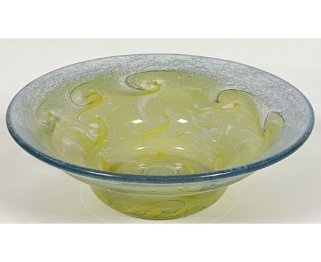 A Scottish Vasart blue and yellow art glass vase with swirl pattern design (marked verso, h- 8.5cm, w- 25cm)