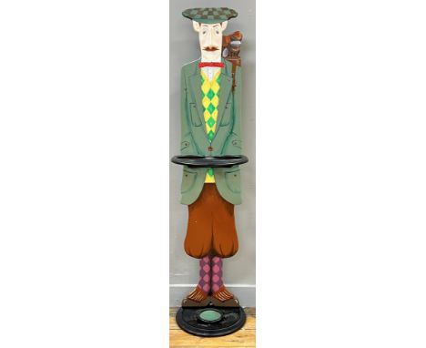 A large painted wooden umbrella/stick stand in the form of a golfer in traditional Scottish attire (h- 127cm)