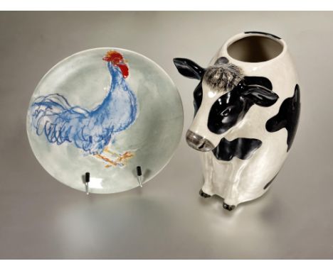 A Tiffany & Co Tiffany Roosters plate D x 21.5cm and a china Frisian cow kitchen utensil holder H x 23cm W x 12cm (2) 