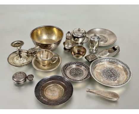 A collection of silver and white metal to include a Walker and Hall silver drum style mustard and pepperette, a Egyptian mini