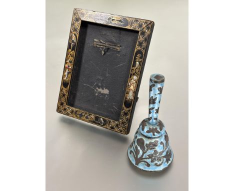 A Chinese white metal turquoise enameled table bell with scrolling leaf design K x 13cm D x 6cm and a 1920s black lacquered c