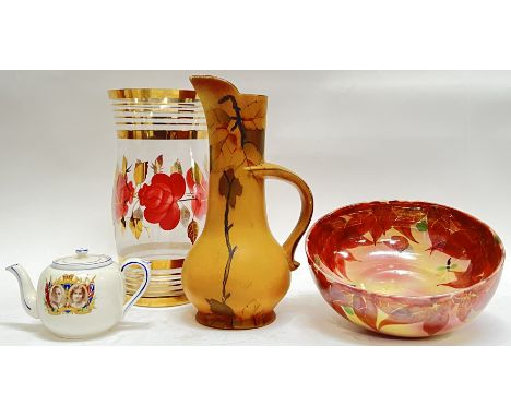 A mixed lot comprising a gilt and enamelled glass vase (h- 27.5cm), a 'Lily' pitcher hand-painted with autumnal design, a com