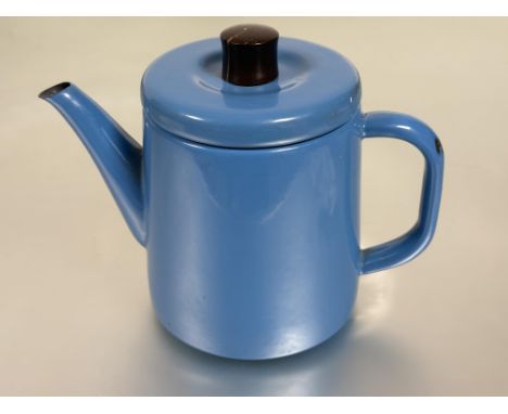 A Japanese Noda Horo turquoise blue enamel 1960s tea pot with turned wood knop to top signed verso slight chip to enamel of h