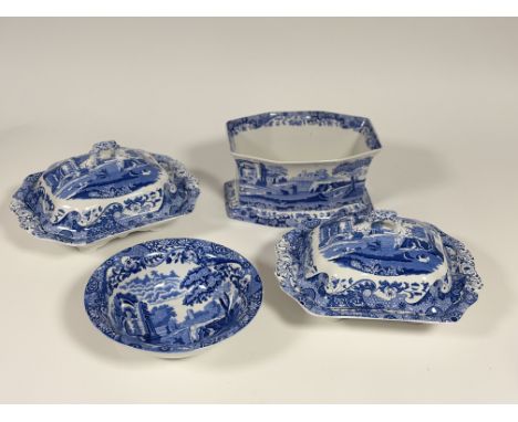 A collection of Copeland Spode blue and white Italian transfer print comprising, two tureens and covers (h-17.5cm l-30cm), a 