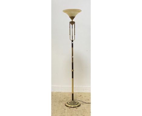 A modern brass column uplighter floor lamp with glass shade. H177cm.&nbsp;