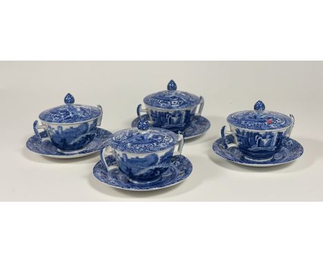 A set of four Copeland Spode 1920's Italian blue and white twin handled chocolate pots, saucers and covers. (in good conditio