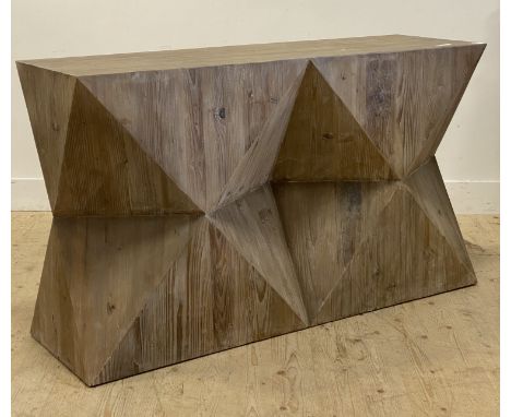 Oka, a contemporary stained pine console table of faceted oblong form. H80cm, L140cm, D44cm.&nbsp;