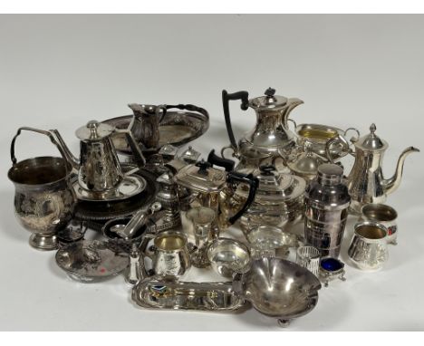 A large collection of Epns to include a four piece continental engraved tea and coffee set, a three piece coffee set, a cockt