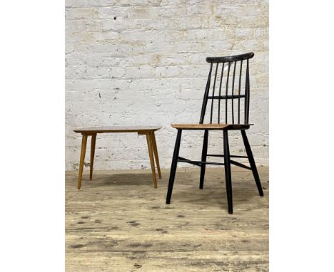 A mid century ebonised comb back chair, (H84cm) together with a mid century formica and beech lamp table with turned and tape