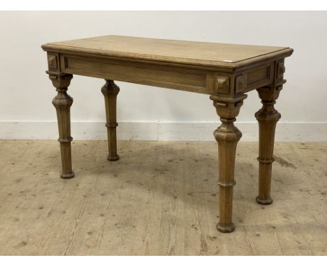 A late 19th century oak console table, the rectangular top above a panelled frieze with applied square boss decoration, raise