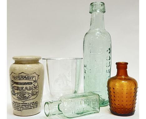 A mixed lot comprising a Dunragit Creamery pot (h- 12cm), several glass bottles (Globe Company Glasgow, Lysol poison bottle, 