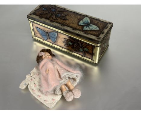 A vintage W.&amp; R. Jacob &amp; Co tin with butterfly and flower design H x 10cm L x 24cm W x 9cm&nbsp; and a 1960s miniatur
