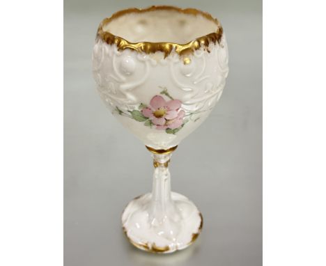 A Edwardian Glasgow Nautilus Art Nouveau porcelain goblet table posy vase with scalloped edge and with hand painted dog rose 