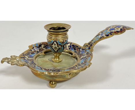 A nineteenth century French Rococo style champlev&eacute; enamel ormolu or gilt metal chamber stick with green onyx base (h- 