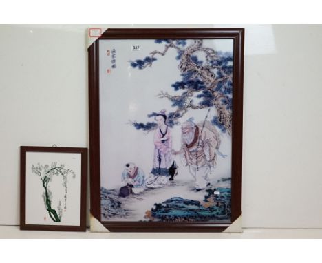 Oriental panel, scene depicting three figures, 78.5 x 56cm, printed on a ceramic plaque, framed and another, green prunus bra