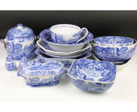 Copeland Spode &amp; Spode Italian pattern blue &amp; white ceramics, 18 pieces, to include a Biscuit barrel &amp; cover, ove