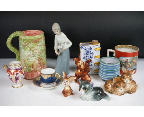 Mixed ceramics to include 4 x Goebel animal figures / figure groups, early 19th century Crown derby twin-handled vase, Spanis